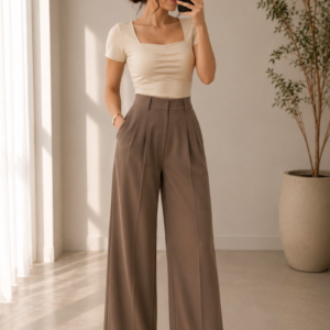Women's Elegant Square Neck Top & High-Waist Wide Leg Trouser Co-Ord Set
