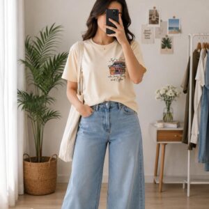Outfit Diary | Women's Cream Graphic Printed Oversized T-Shirt
