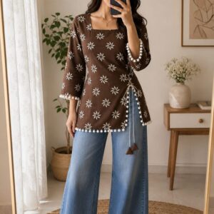 Outfit Diary | Women's Brown Floral Printed Asymmetrical Ethnic Kurti