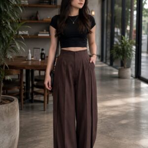 Korean Style High-Waist Pleated Wide Leg Trousers for Women