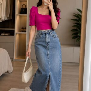 Women's Stylish Front Slit Denim Skirt