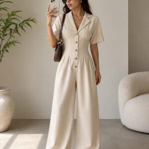 Women's Solid Beige Button-Down Wide Leg Jumpsuit | Collared Half Sleeve Casual One-Piece Outfit