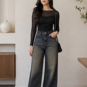 Outfit Diary | Women Solid Black Ruched Mesh Full Sleeve Top