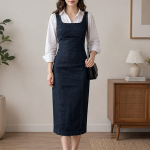 Outfit Diary | Women Solid Denim Pinafore Midi Dress with White Shirt